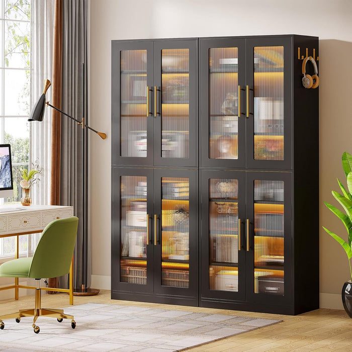 Bookcase With Doors And LED Lighting, 8 Adjustable Shelves Storage Cabinet