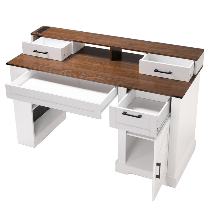 Office Desk With Storage Cabinet, Charging Station, Monitor Stand & Pegboard