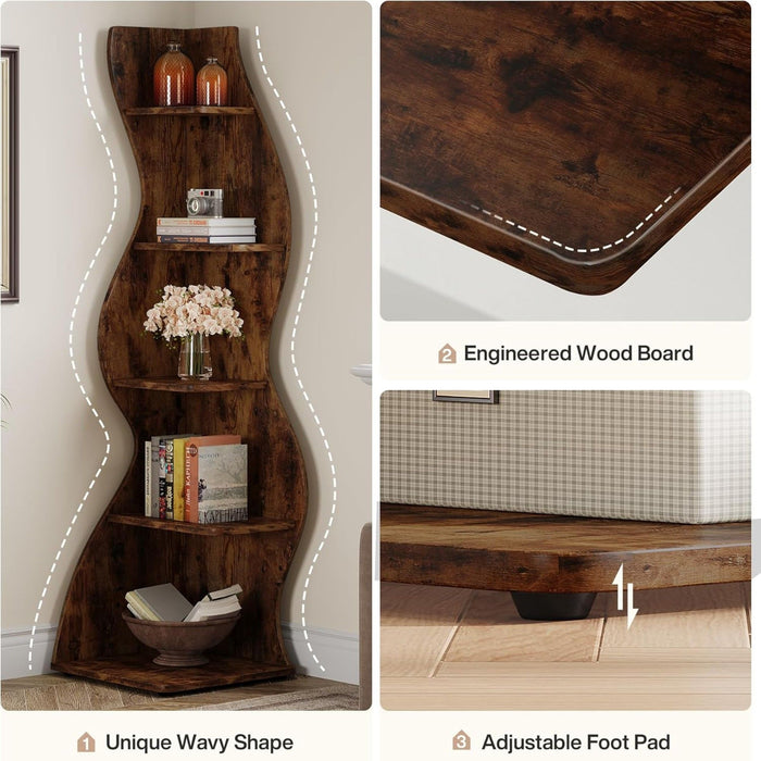 5 Tier Wavy Corner Bookshelf And Plant Stand For Living Room