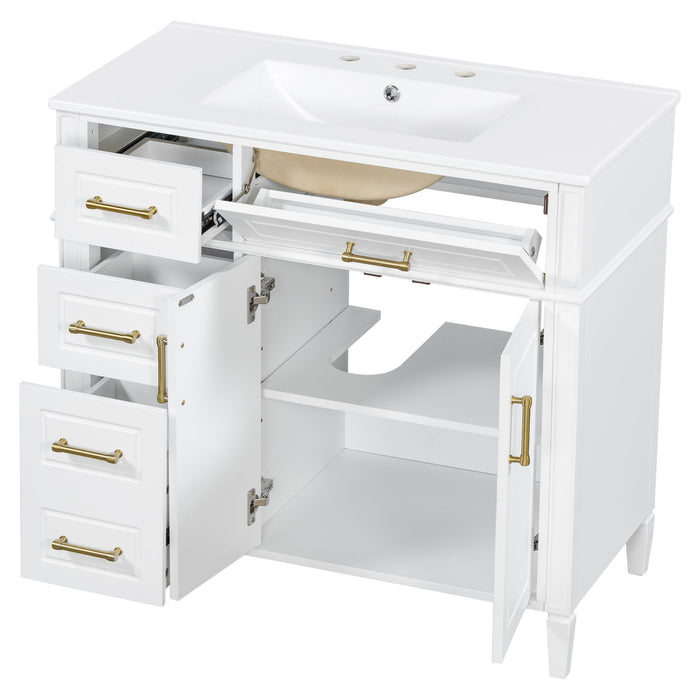 Bathroom Vanity With Sink, 4 Drawers (1 Flip Drawer), 2 Doors & Adjustable Shelf - White