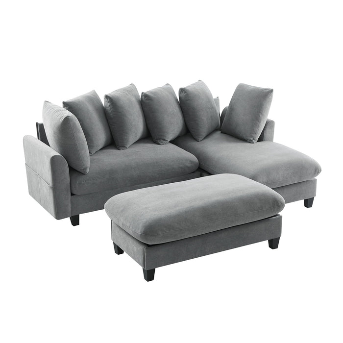 Upholstered L Shaped Sectional Sofa With Storage, Movable Ottoman, And 6 Throw Pillows