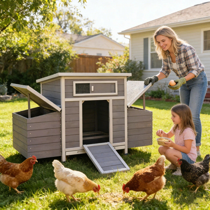 Chicken Coop, Large Outdoor Hen House With Run And Nesting Box Poultry Cage, Rabbit Hutch - Gray