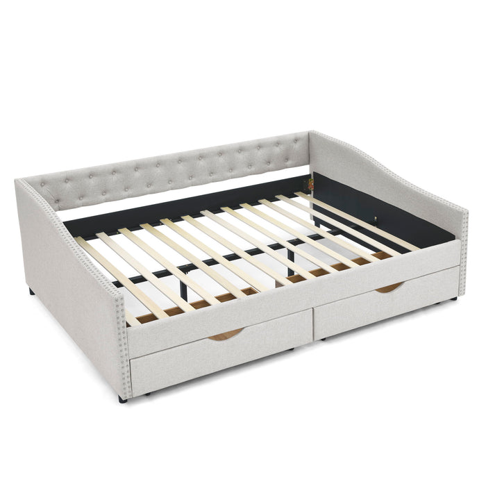 Upholstered Tufted Daybed With Drawers, Waved Arms