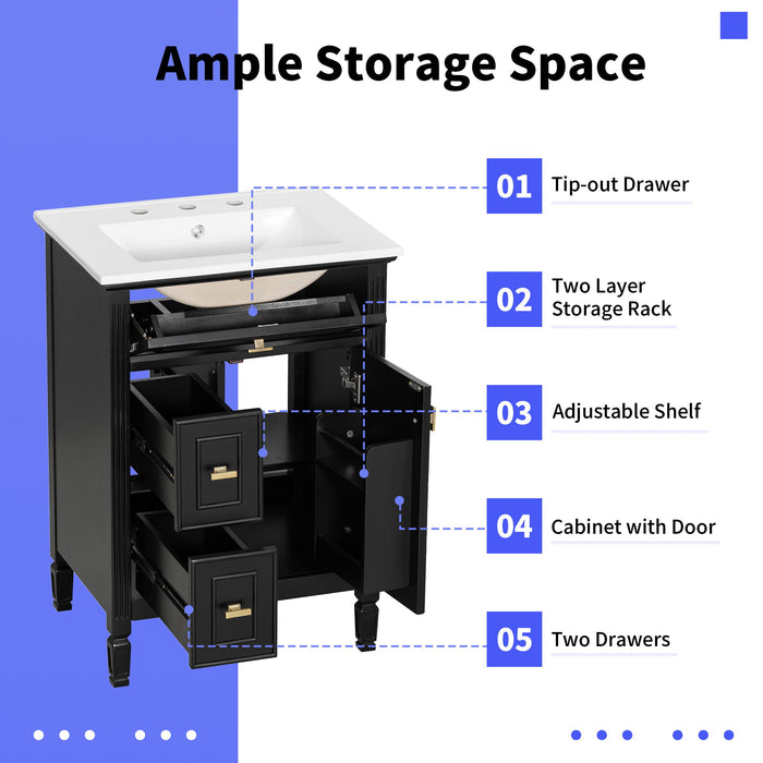 Modern Bathroom Vanity With Sink, Flip Drawer, 2 Drawers, Adjustable Shelf