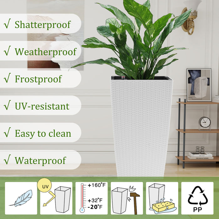 Square Large Planter With Automatic Watering System For Home And Garden (Set of 2) - White