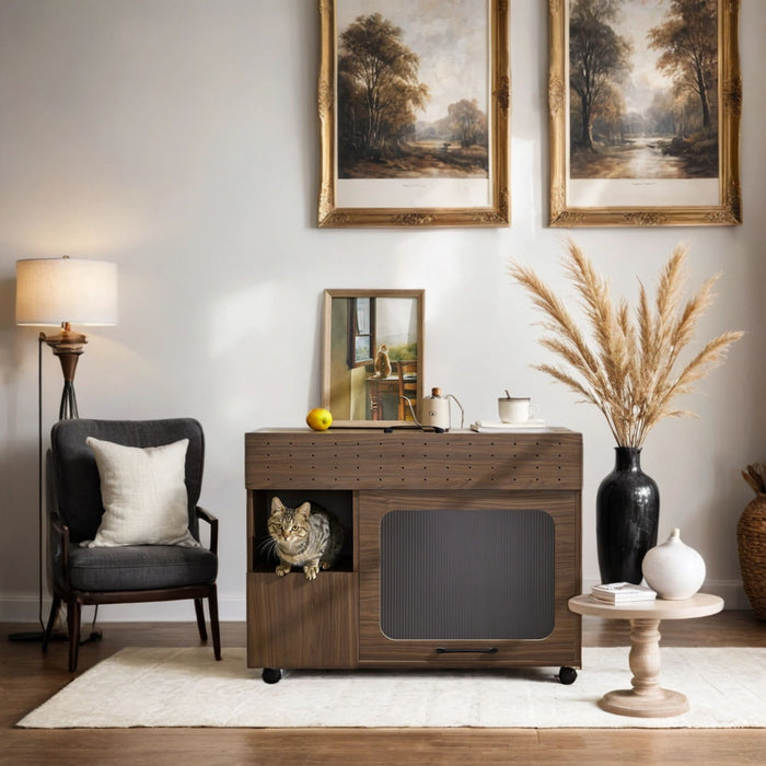 Furniture Style Multi Use Cat Litter Box House With Storage - Walnut
