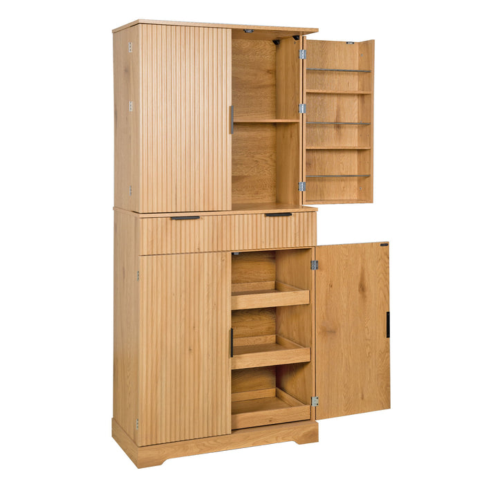 Fluted Kitchen Pantry Cabinet With 3 Keyboard Drawers & 6 Door Shelves Adjustable