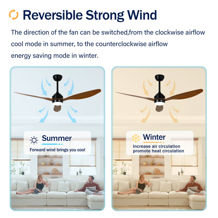 Ceiling Fan With Lights Quiet DC Motor 3 Blade Ceiling Fans 6 Speed Levels, Reversible Ceiling Fan - Matte Black / Wood