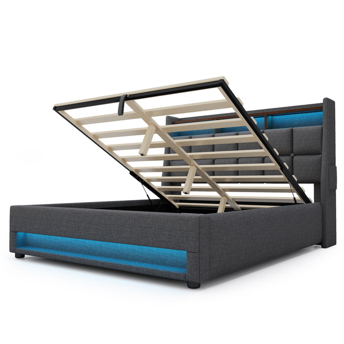 Platform Bed With Hydraulic Storage, LED Lighting & Charging Station