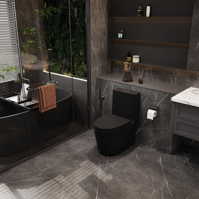 1.1 / 1.60 Gpf Dual Flush 1 Piece Toilet, Water Saving Elongated Comfort Height Floor Mounted, Soft Close Seat, 1000 Gram Map Flushing Score Toilet - Matte Black