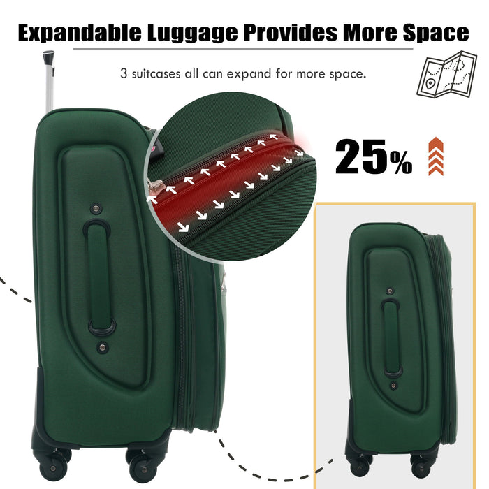 Softside Luggage Expandable 3 Piece Set Upright Spinner Lightweight Suitcase