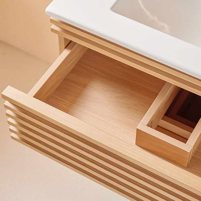 Wall Mounted & Floating Single Vanity With Ceramic Sink - Natural Walnut