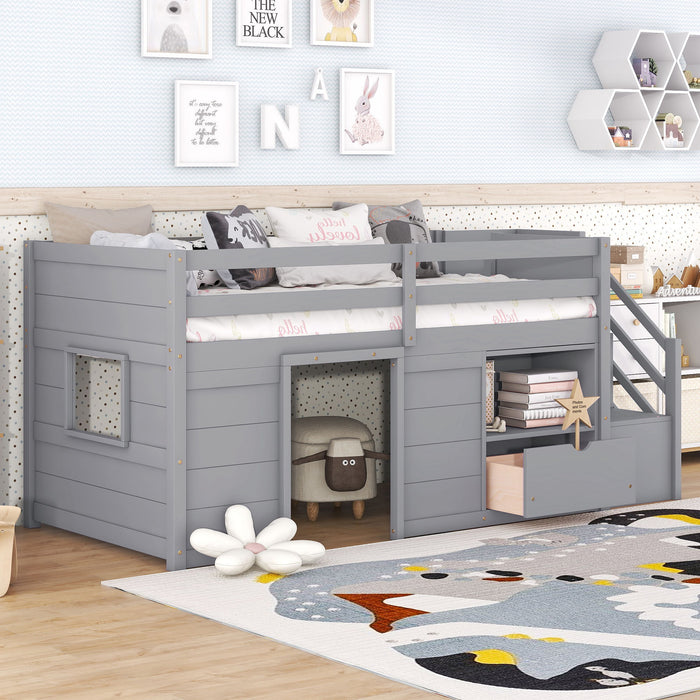 Low Loft Bed With Stair, Drawer, And Shelf