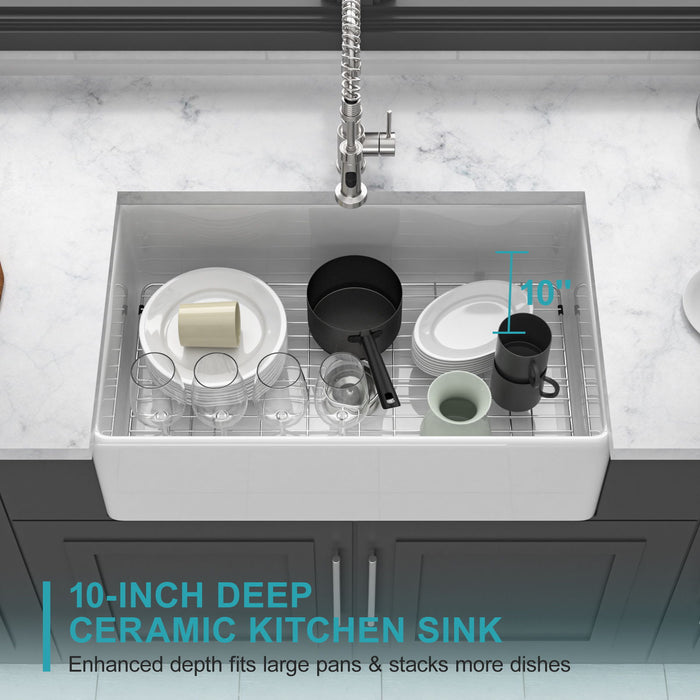 Ceramic Farmhouse Sink With Deep Basin And Stainless Steel Grid