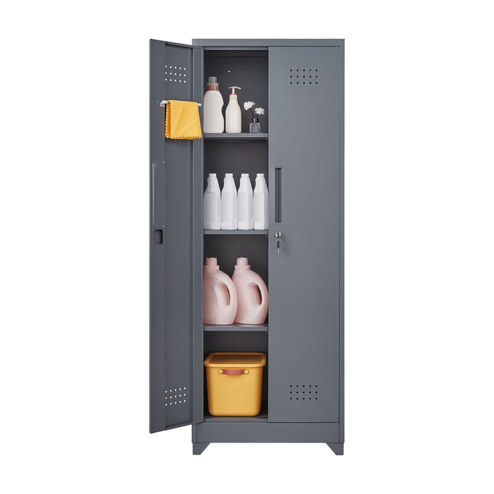 Heavy Duty Storage Cabinet With Locking Doors, Hanging Rod & Shelves, Broom Closet - Gray