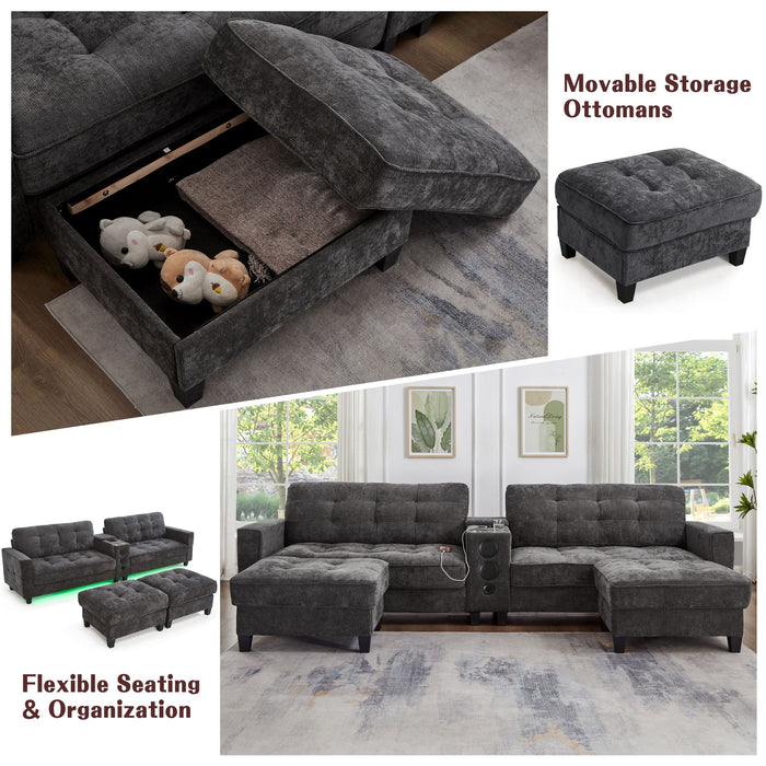 Modern Sectional Sofa U-Shaped With Movable Ottomans, Bluetooth Speakers, LED Lights And Modular Storage