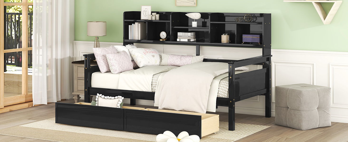 Daybed, Slat Support, With Bedside Shelves And 2 Drawers