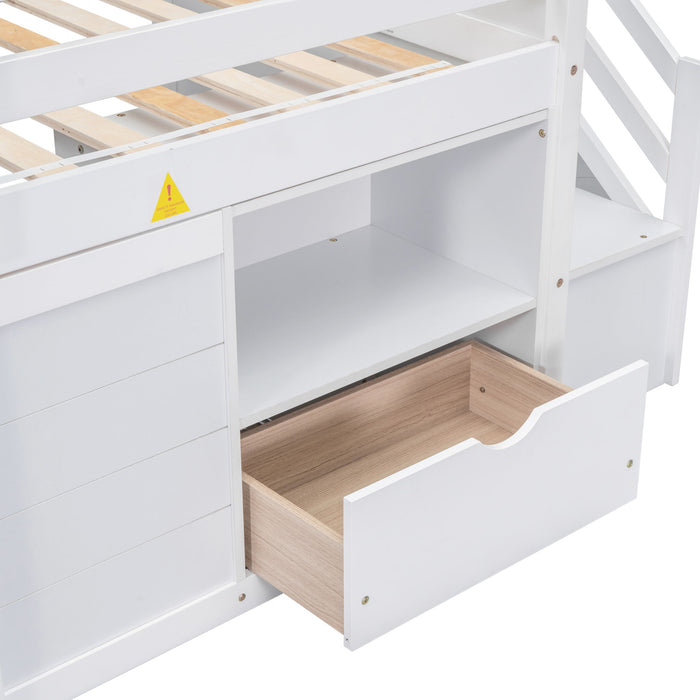 Low Loft Bed With Stair, Drawer, And Shelf