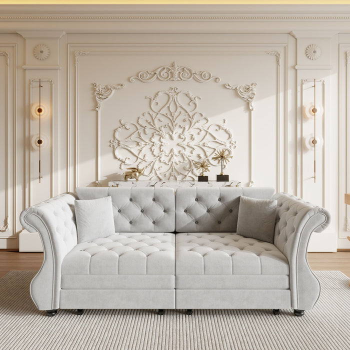 Oversized Chesterfield Pull Out Sofa Bed, Roll Arm Couch With Flower Tufting For Living Room