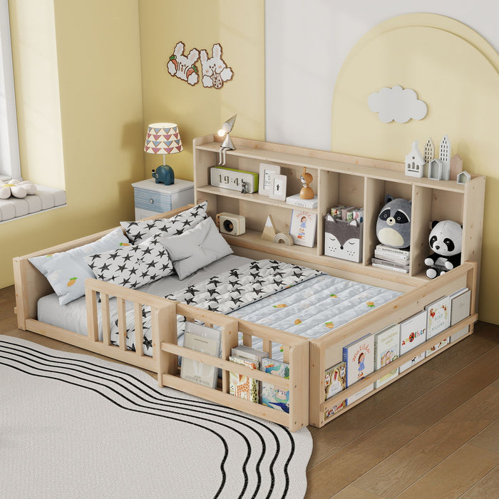 Platform Bed Frame With Guardrail, Storage Shelves & Bookshelf