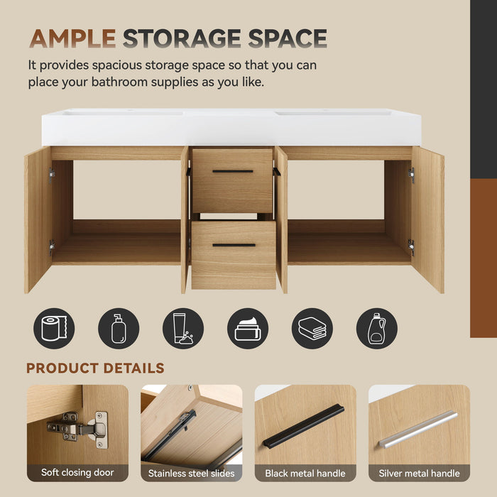 Floating Double Sink Bathroom Vanity Set With Tall Linen Cabinet, Drawers And Doors, Extra Large Storage, Integrated Sink, Soft Close Hardware - Glossy White / Light Oak