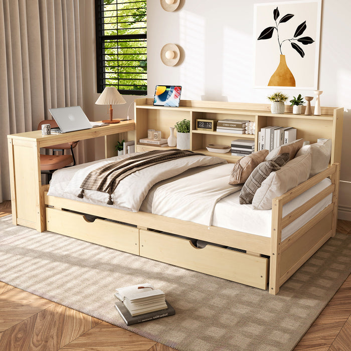 Corner Daybed With Storage Drawers, Desk, Charging Port & Bookcase