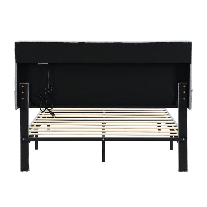 Modern Upholstered Platform Bed Frame With Button Tufted Headboard And USB Ports