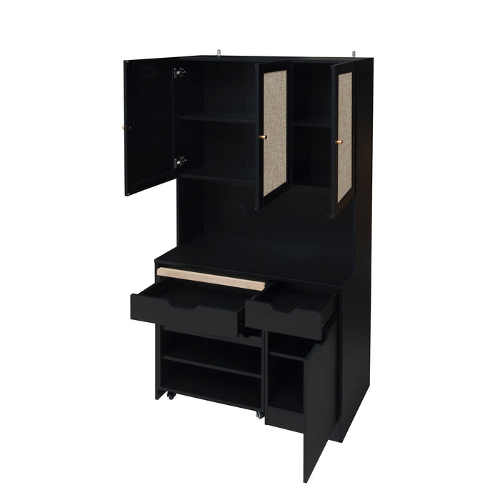 Kitchen Pantry Storage Cabinet, Modern Buffet Cabinet With Kitchen Cart, Tall Kitchen Hutch Cabinet With Microwave Stand, Food Pantry Cabinet With 3 Rattan Doors And Adjustable Shelves - Black