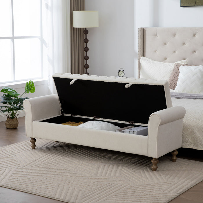 Wide Modern Upholstered Storage Bench With Rolled Armrest