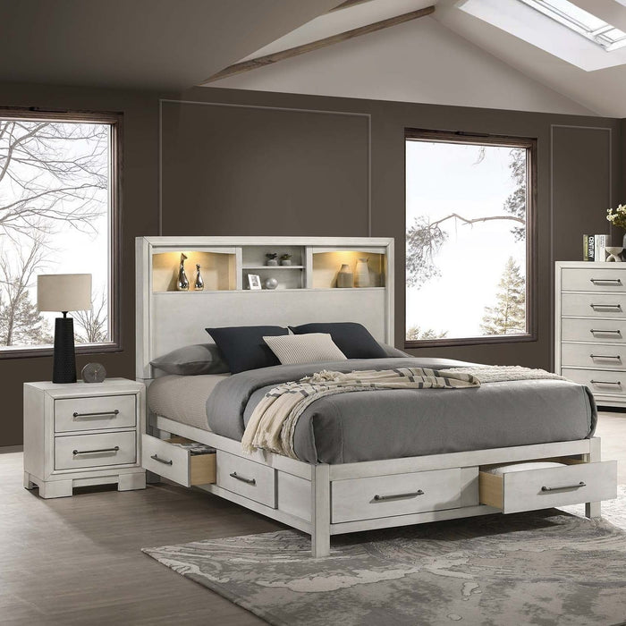Transitional Bed With Smooth Gliding Drawers, Built In Lights, Open Headboard Shelves