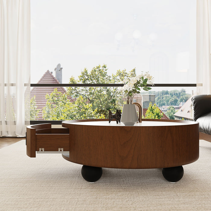 Round Coffee Table With Ball Feet, Pull Handle Storage Drawer - Bouguer Walnut / Brown