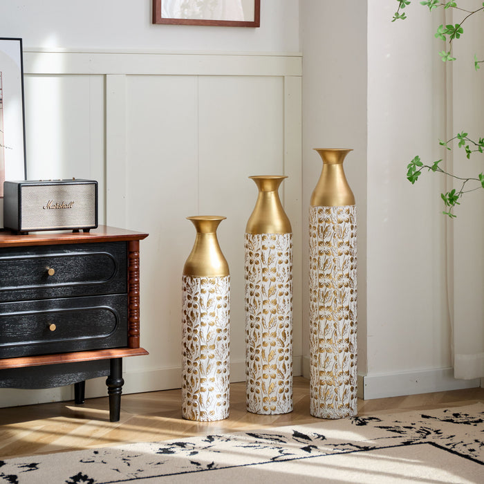 Mother's Day Gift Set Gilded White 3D Relief Flower Metal Vase Set - White / Gold