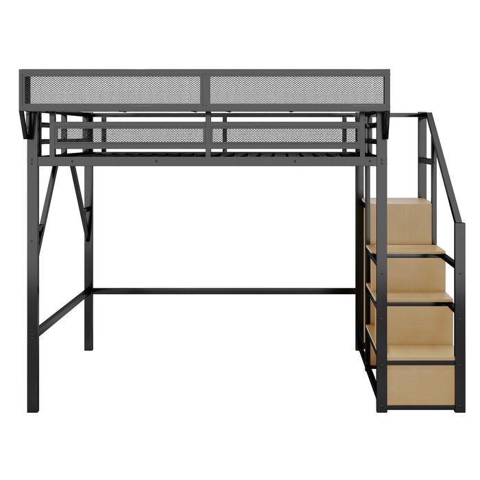 Queen Size Loft Bed & Stairs, Storage Shelves, Wardrobe - Black / Wood