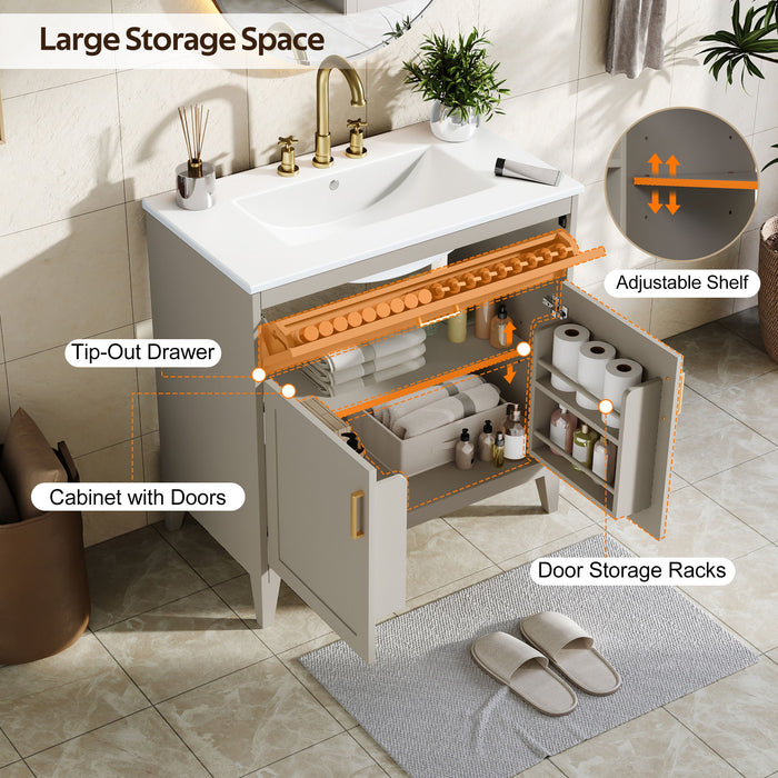 30" Bathroom Vanity With Sink Top, Soft Close Double Doors & Tip Out Drawer, Adjustable Interior Shelf, Door Mounted Organizers - Beige
