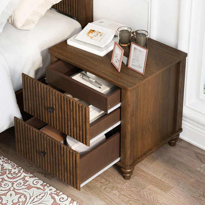 Mid Century Modern Fluted Nightstand 2 Piece Set With 3 Drawers - Walnut
