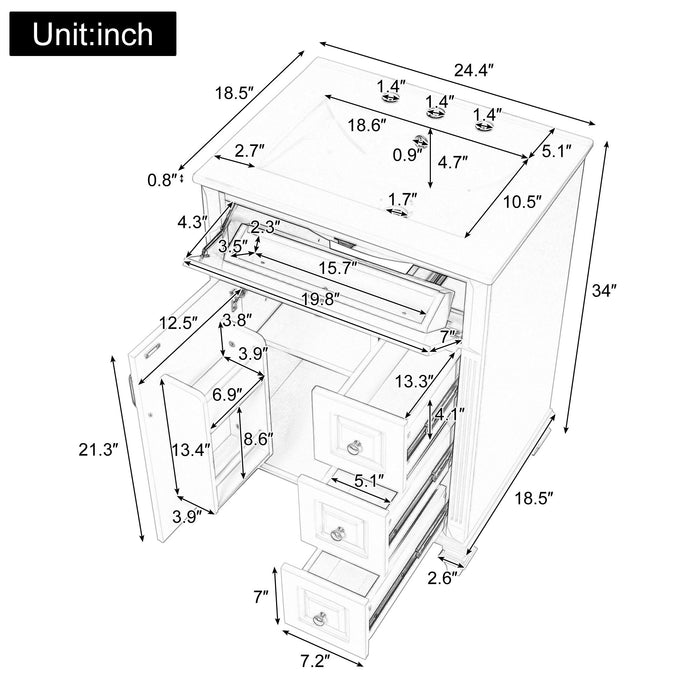 Freestanding Bathroom Vanity With Sink, 3 Drawers & Flip-Out Drawer