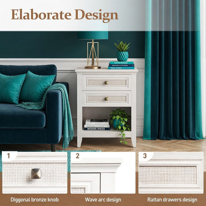 Nightstand With 2 Drawers & Shelf - White
