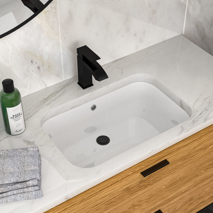 Undermount Bathroom Sink 22" X 15.25" With Overflow Sleek, High Temperature Fired, Stain Resistant, Smooth Polished Surface - White