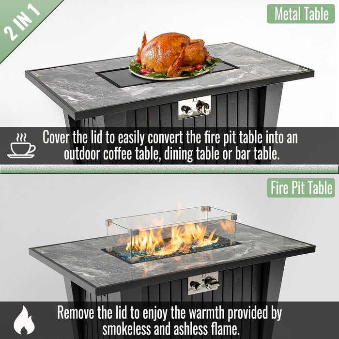 Morden Steel Fire Pit Table With Marble Tile Tabletop, Glass Wind Guard And Lid