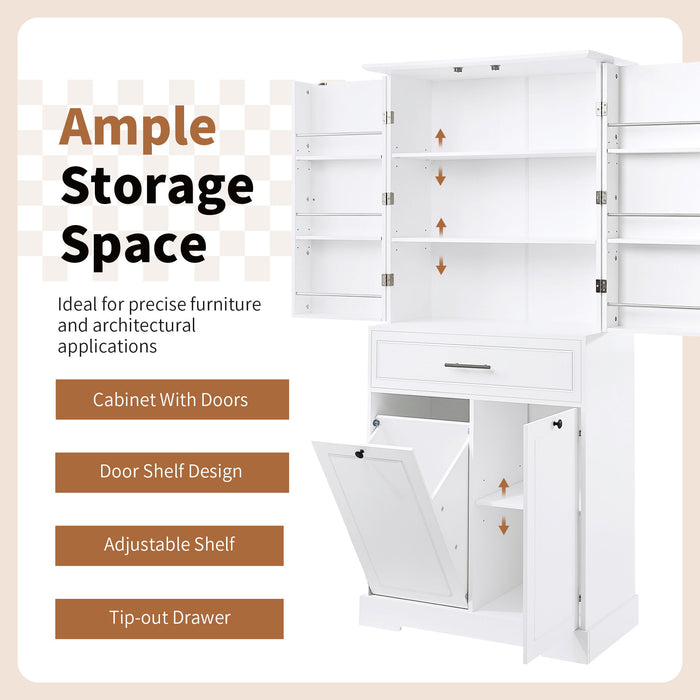 Freestanding Bathroom Storage Cabinet With Doors, Drawers, And Tilt Out Laundry Hamper - White