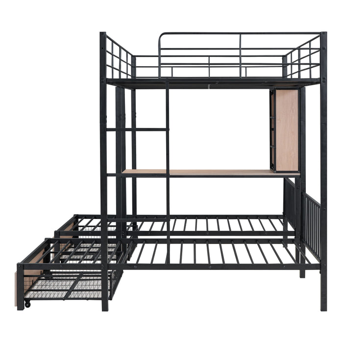 Triple Bunk Bed With Drawers, Multi-Functional Frame With Desks And Shelves In The Middle