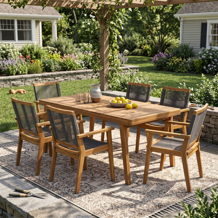 7 Piece Outdoor Patio Dining Set With Table And 6 Arm Chairs - Brown / Dark Gray / Teak