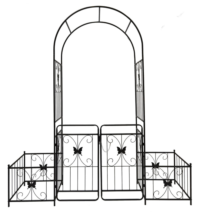 Metal Garden Arch With Gate High Climbing Plants Support Rose Arch Outdoor - Black