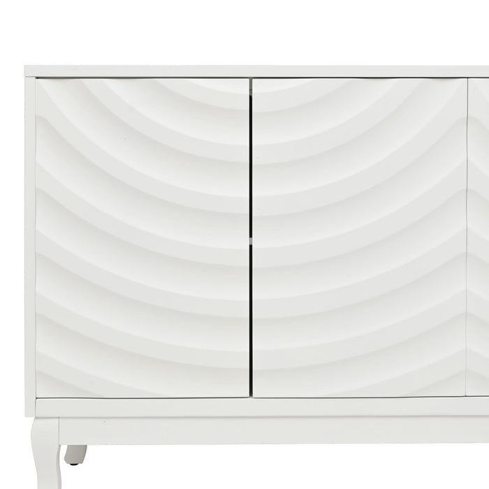 Elegant Sideboard With Sophisticated Wavy Pattern Doors And Arched Groove Design, Adjustable 4 Door Layout