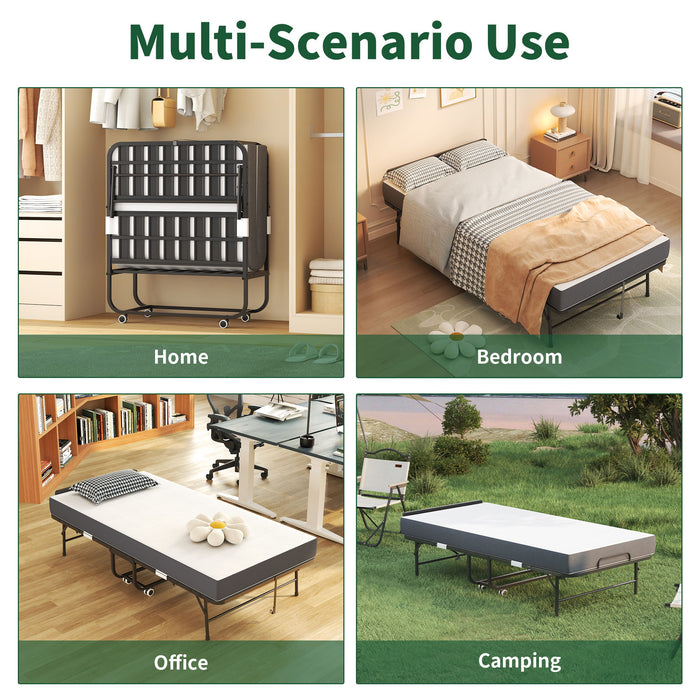 Twin Adjustable Headboard Folding Bed With Memory Foam Mattress, Heavy-Duty Frame Cot For Tall People, Portable Guest On Wheels - Black