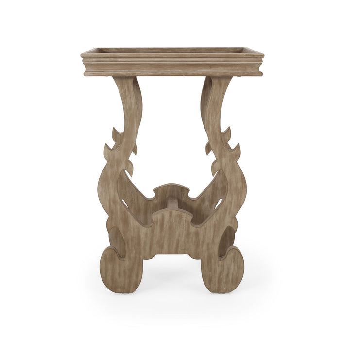 French Country Style Accent Table With Ornate Stretcher Base - Natural