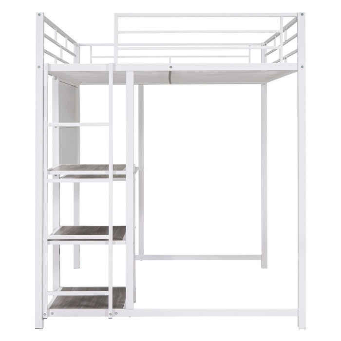 Metal Loft Bed With Desk, 3 Shelves And Ladder