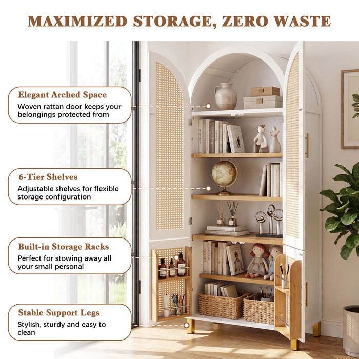 Tall Arched Cabinet With Rattan Doors & Adjustable Shelves