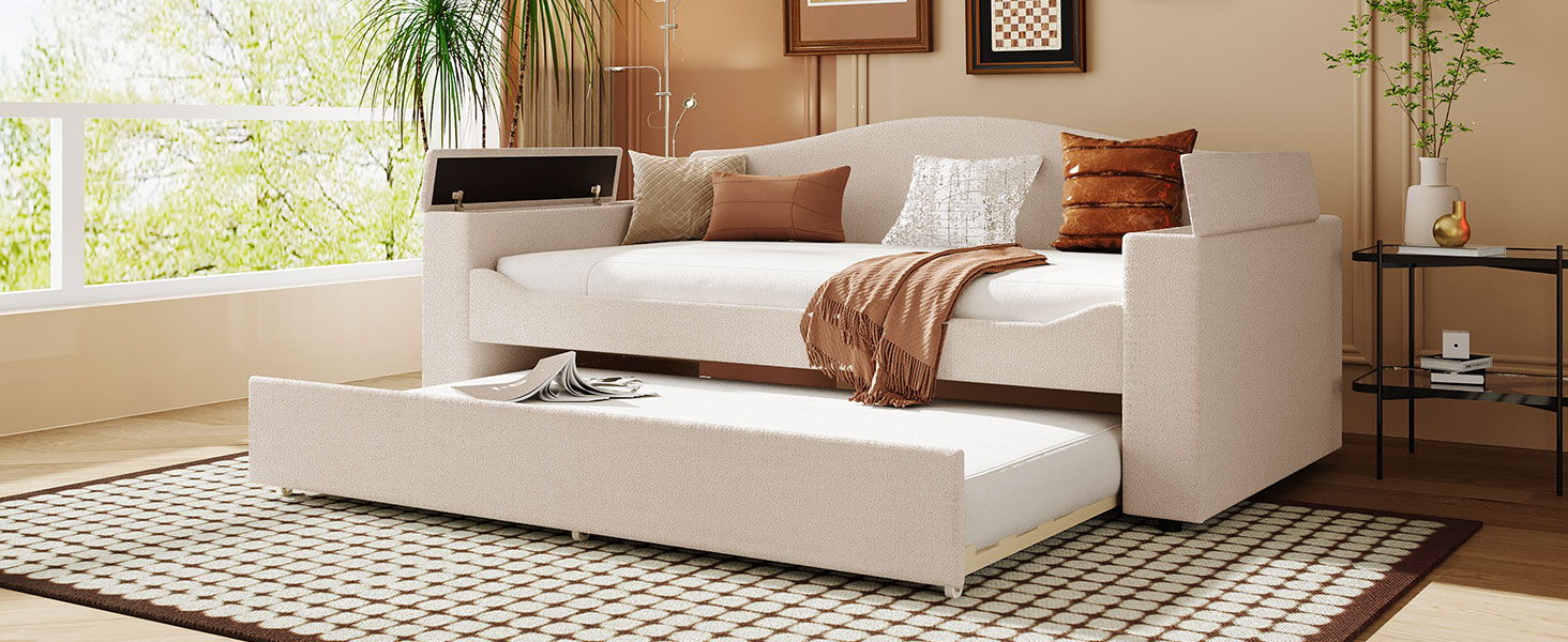 Upholstered Daybed With Storage Armrests, Trundle And Latest Integrated Bluetooth Audio System