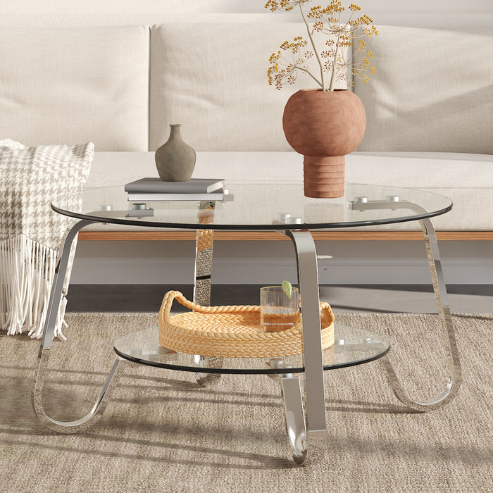 Retro Minimalist Style Metal Frame Double Layer Tempered Glass Coffee Table